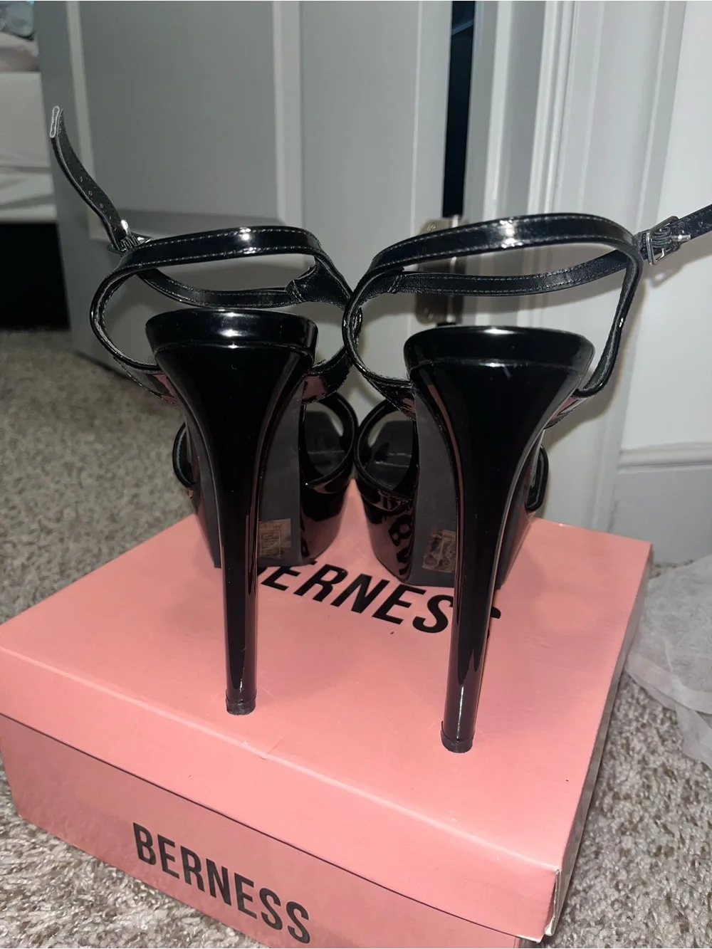 Berne’s Genevieve Black Patent Platform High Heel Sandals